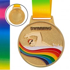 Медаль спортивна PlayGame для плавання зі стрічкою кольорова золота, код: C-0336_G