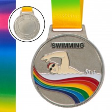 Медаль спортивна PlayGame для плавання зі стрічкою кольорова срібний, код: C-0336_S-S52