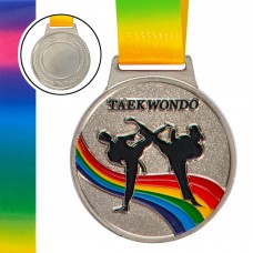 Медаль спортивна зі стрічкою кольорова PlayGame Тхеквондо d-65 мм срібла, код: C-0345_S