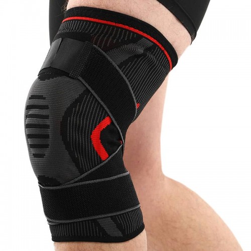 Наколінник бандаж еластичний з фіксуючим ременем та силіконовим кільцем та спіральними ребрами жорсткості Sibote L, сірий-червоний, код: ST-7214_L Наколінник бандаж еластичний з фіксуючим ременем та силіконовим кільцем та спіральними ребрами жорсткості Sibote L, сірий-червоний, код: ST-7214_L